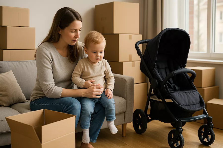 Förälder med småbarn mitt i en flytt – kartonger och barnvagn i vardagsrum